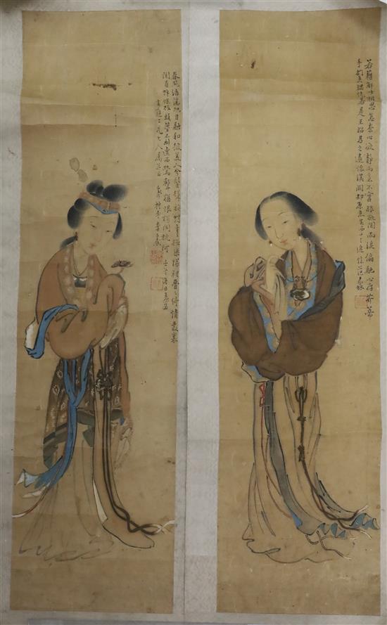 A pair of Chinese scroll paintings on paper of beauties, 19th century, Image 91cm x 25.5cm